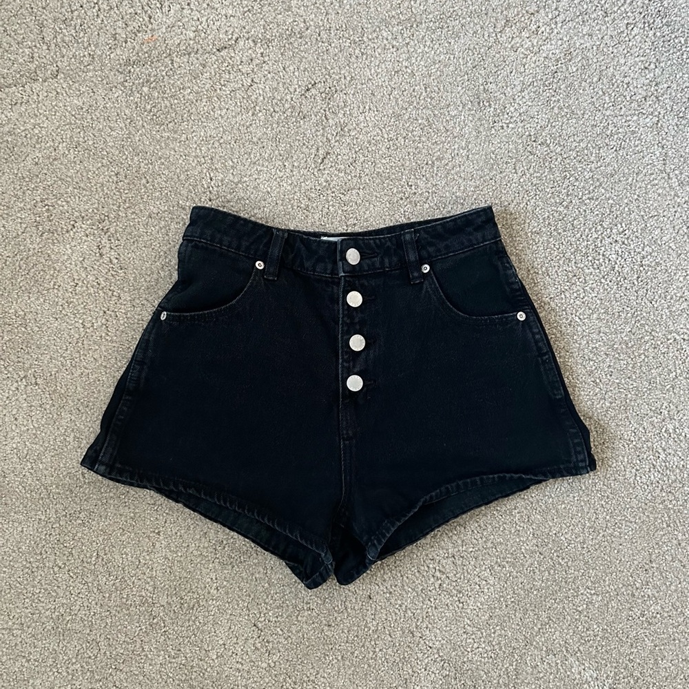 Rollas High-Waisted Black Denim Shorts with Button Front